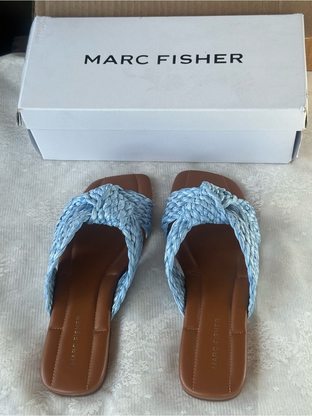 Marc Fisher Braided Slide Sandals in Light Blue with Brown Footbed